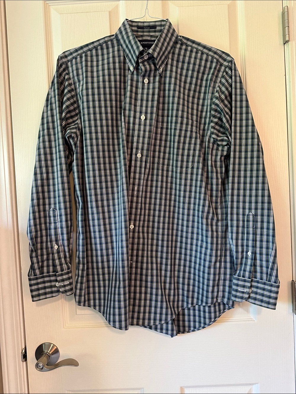 Lands' End Men's Green and Blue Plaid Button-Down Shirt
